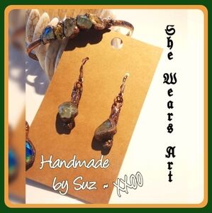 Handmade Jewelry Set Aventurine Golden Quartz Cuff Copper Bracelet Earrings